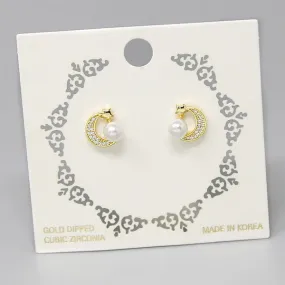 Crescent Moon CZ Pave Gold Dipped Stud Earrings