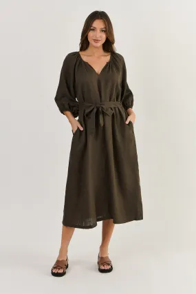 OLIVE ET JULIE Linen Midi Dress ESPRESSO