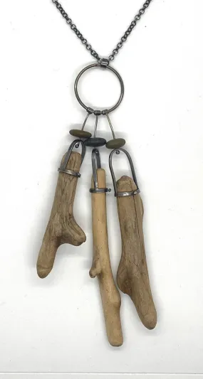 Three Stick Driftwood and Rock Necklace