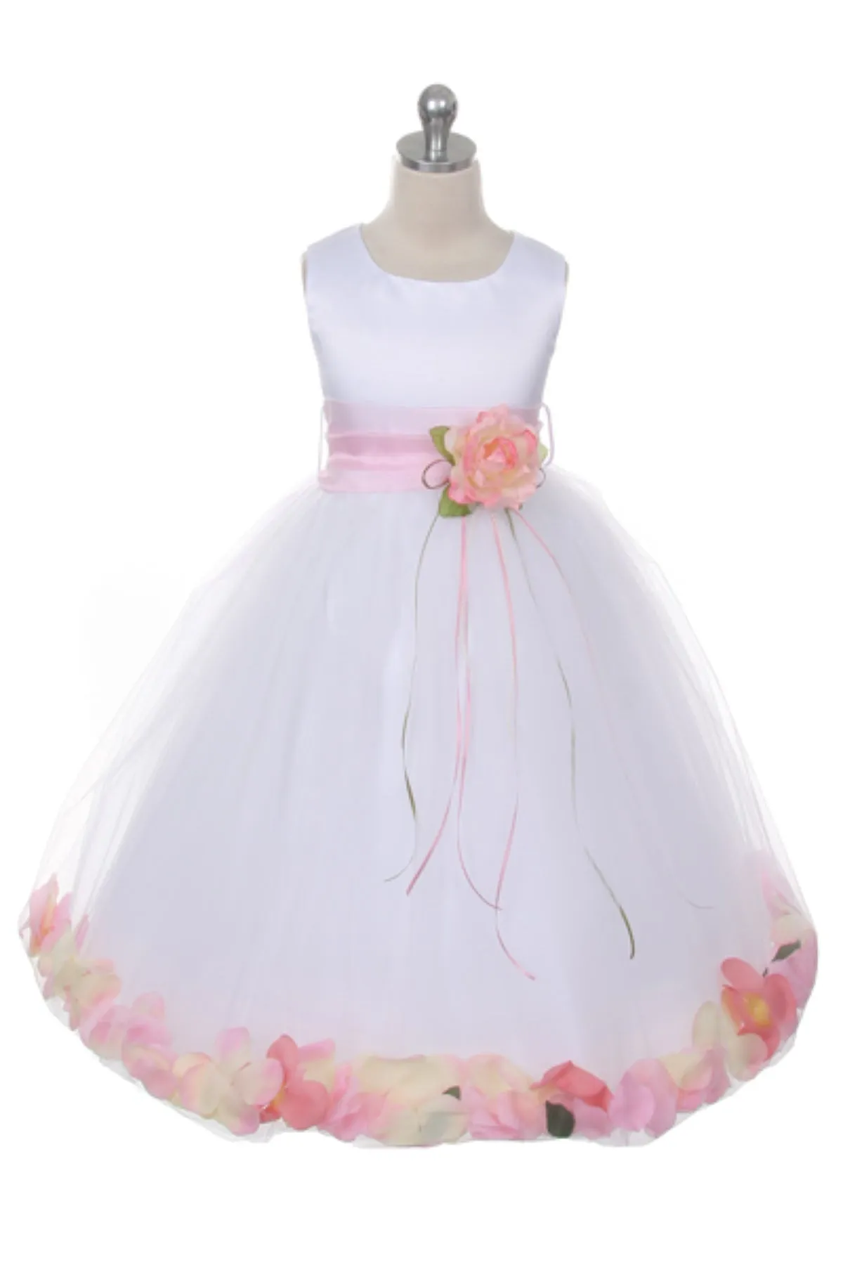 White Satin Flower Petal Girls Plus Size Dress with Organza Sash