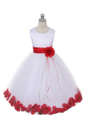 White Satin Flower Petal Girls Plus Size Dress with Organza Sash